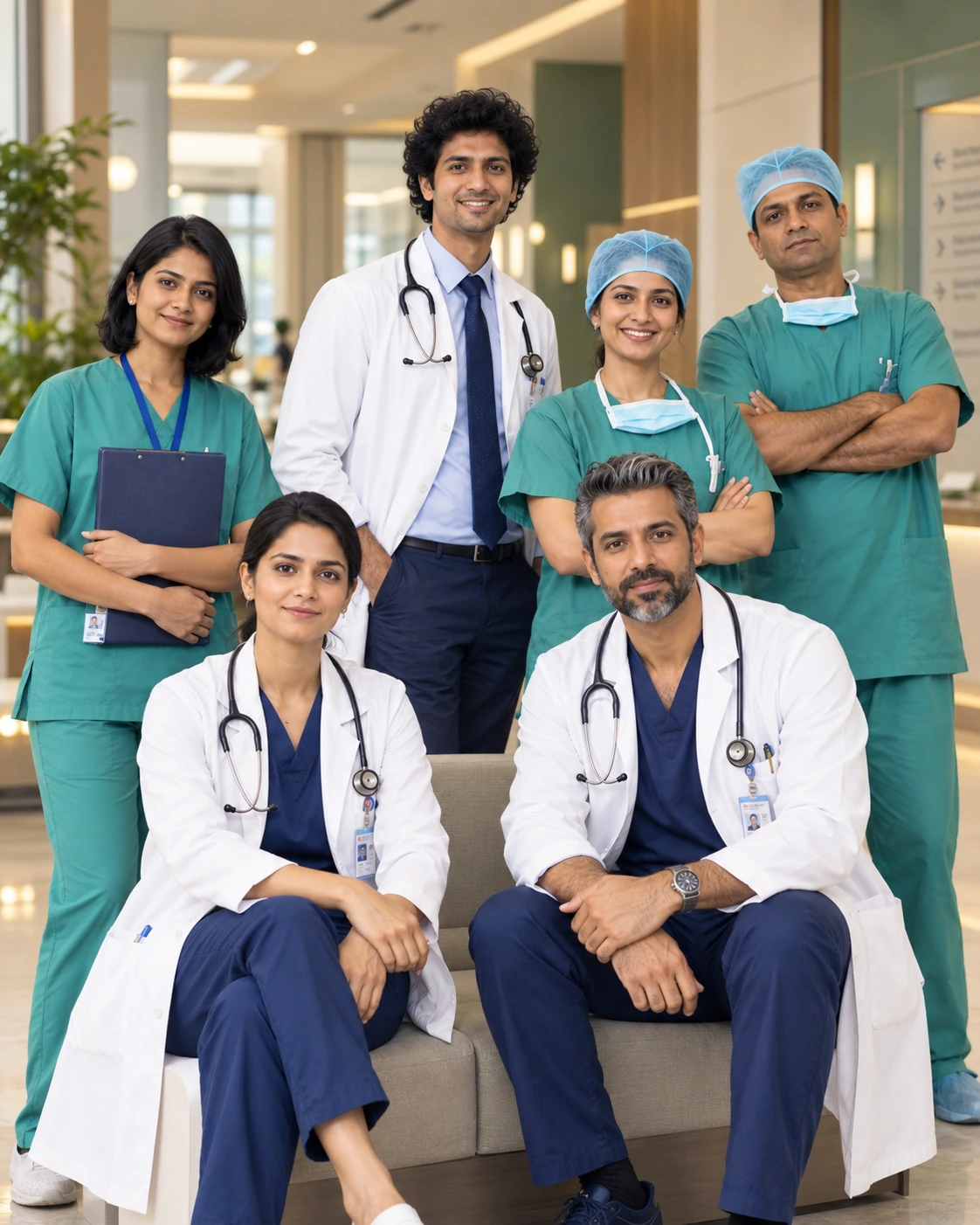 Healthcare professionals wearing hospital uniforms