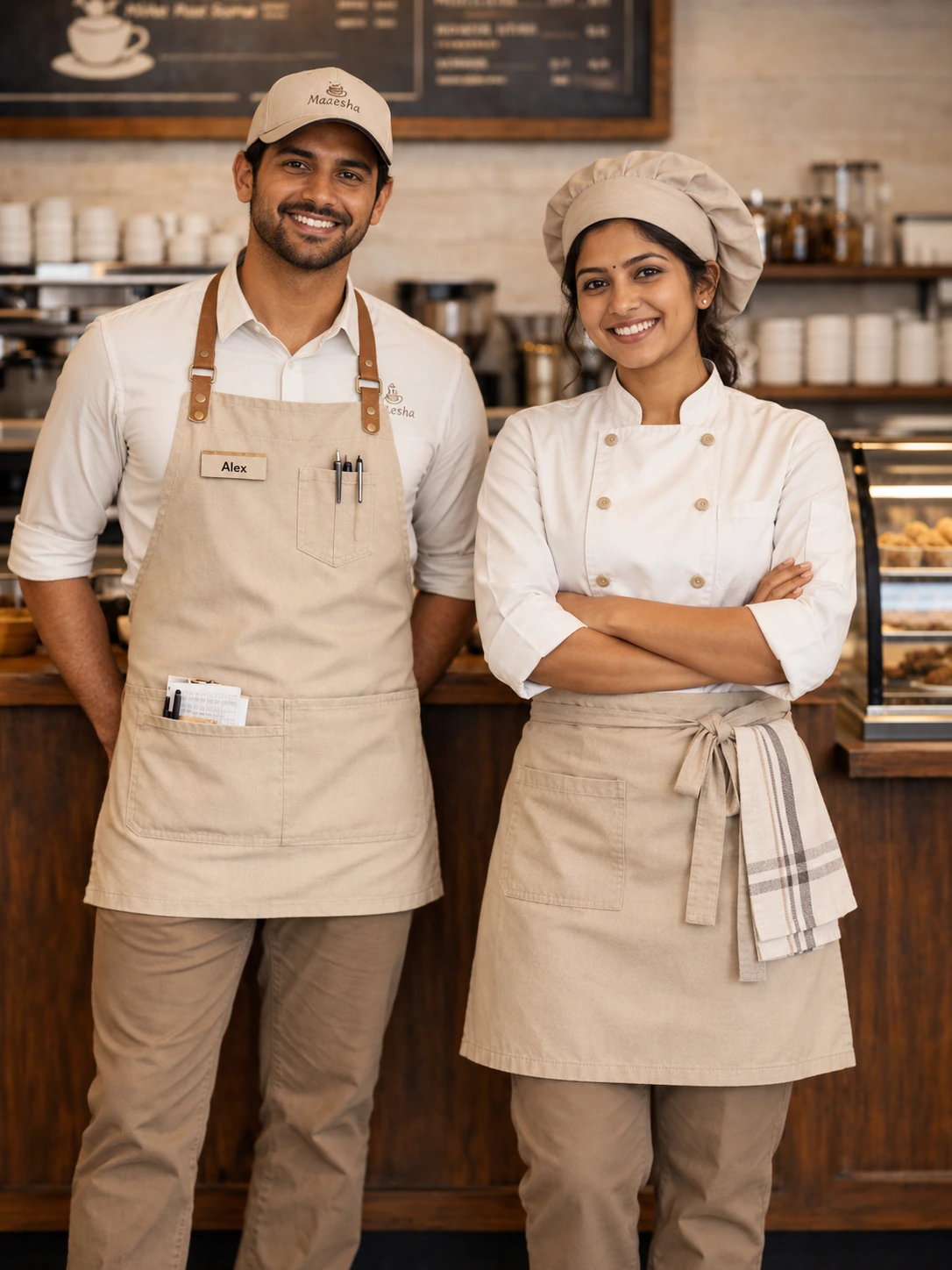 Hospitality staff wearing chef and apron uniforms